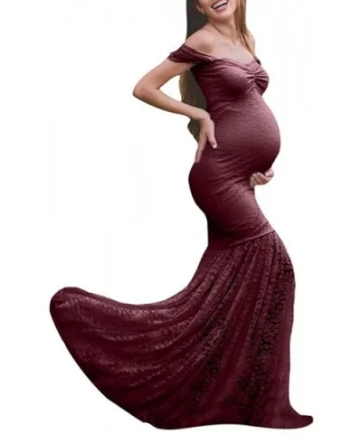 $16.50 Womens Pregnants Sexy Photography Props Off Shoulders Lace Nursing Long Dress - Winered - C618TY2REW8 Thermal Underwear
