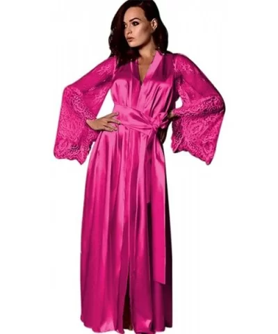 $7.36 Sleepwear Women Long Robe Satin Lace Flower Open Front Long Sleeve Lingerie - Hot Pink - C918LC24QGL Bustiers & Corsets